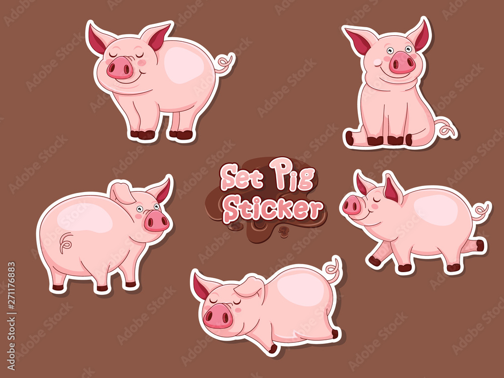 Set Cute Cartoon Pig Sticker. Vector Illustration With Cartoon Funny Animal Frame Set Cute Cartoon Pig Sticker. Vector Illustration With Cartoon Funny Animal Frame