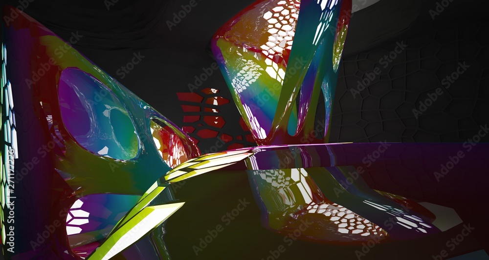 Fototapeta premium Abstract Colored Gradient and Black Parametric Futuristic Sci-Fi interior With White Glowing Neon Tubes . 3D illustration and rendering.