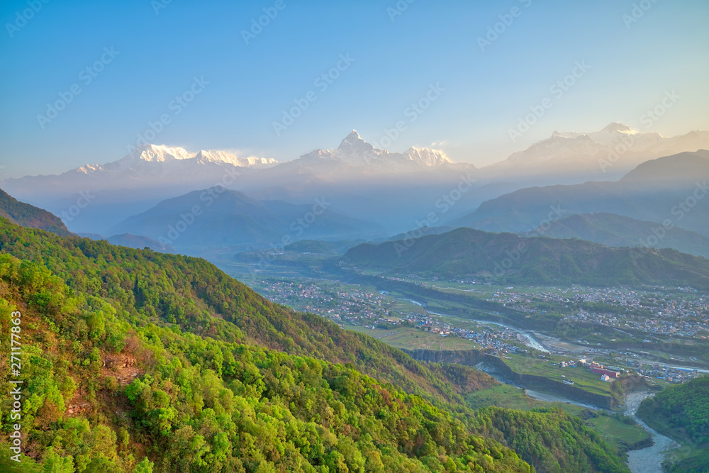 The Annapurna massif and Pokhara city in the morning time at Methlang Hill, Pokhara, Nepal.