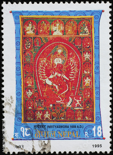 Paubha, traditional religious nepali painting on postage stamp