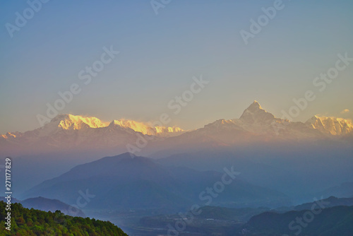 The Annapurna massif and Pokhara city in the morning time at Methlang Hill, Pokhara, Nepal.