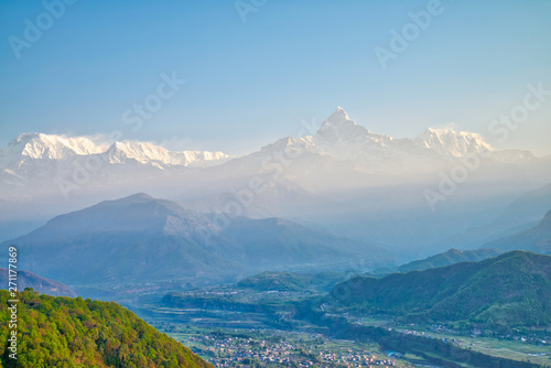 The Annapurna massif and Pokhara city in the morning time at Methlang Hill  Pokhara  Nepal.