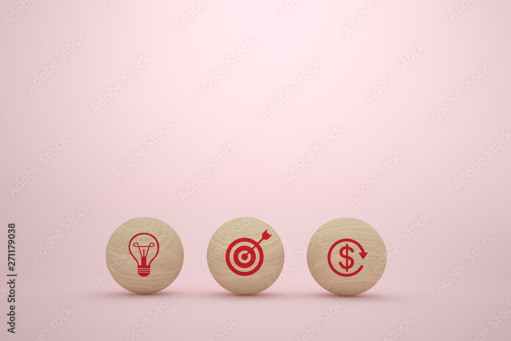 Business plan concept with wooden sphere with icon business strategy and action plan on pink background.