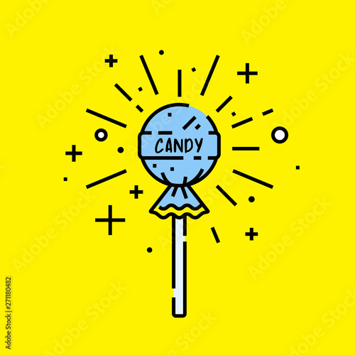 Lollipop candy icon. Lolly flavor burst symbol. Blue sweet fizzy sucker stick isolated on yellow background. Vector illustration. 
