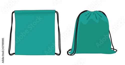 Blank drawstring bag, cyan foldable backpack, cloth bag, vector illustration sketch template