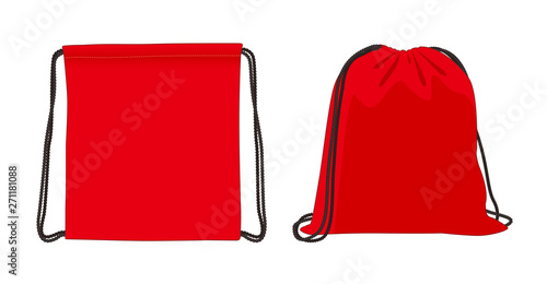 Blank drawstring bag, red foldable backpack, cloth bag, vector illustration sketch template