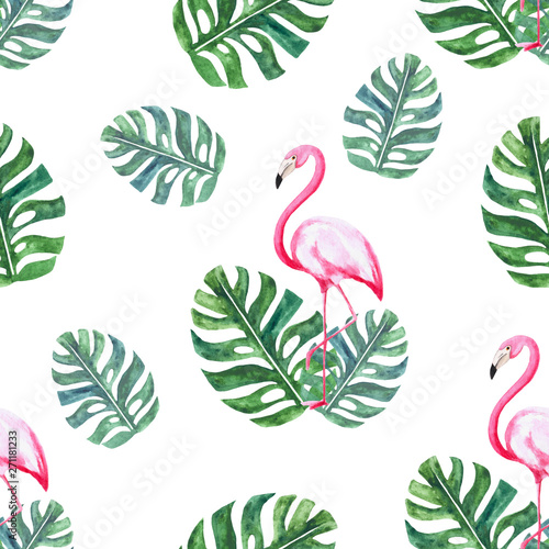Watercolor pattern with pink flamingos and monstera leaves. The illustrations are drawn by hand