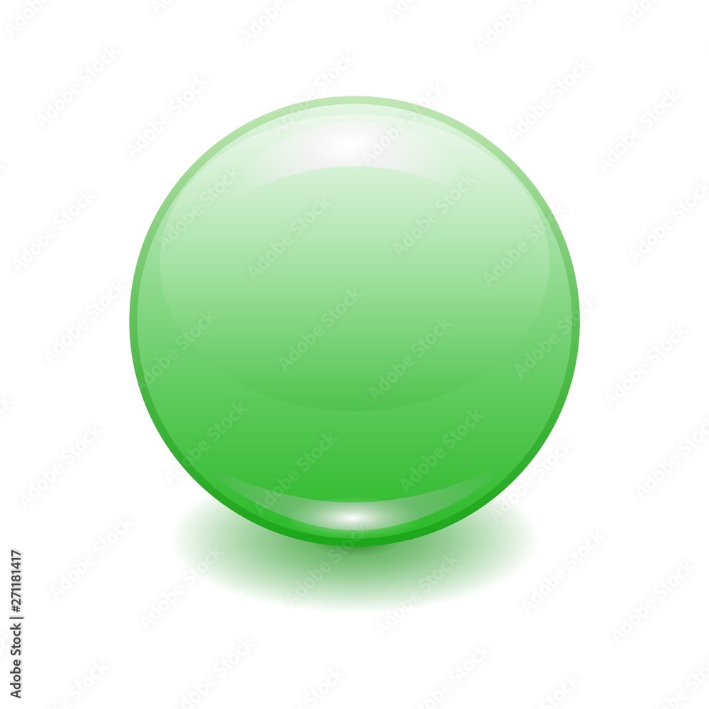 Vector realistic green plastic button with patch of light isolated on white background. 3D illustration.