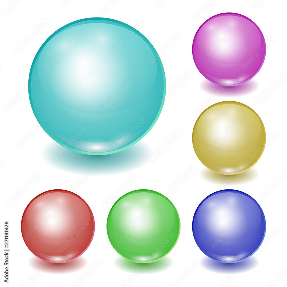 Obraz premium Set of vector realistic color plastic balls, shine spheres with patches of light isolated on white background. 3D illustration.