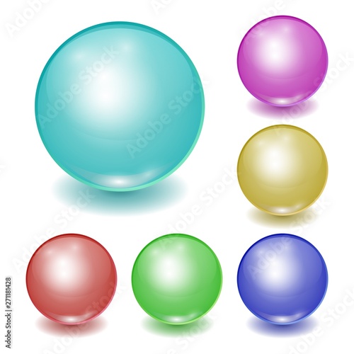 Set of vector realistic color plastic balls, shine spheres with patches of light isolated on white background. 3D illustration.