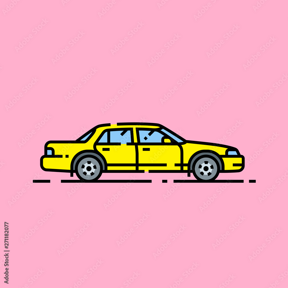Yellow car line icon. Simple motor vehicle graphic. Taxi cab symbol isolated on pink background. Vector illustration.