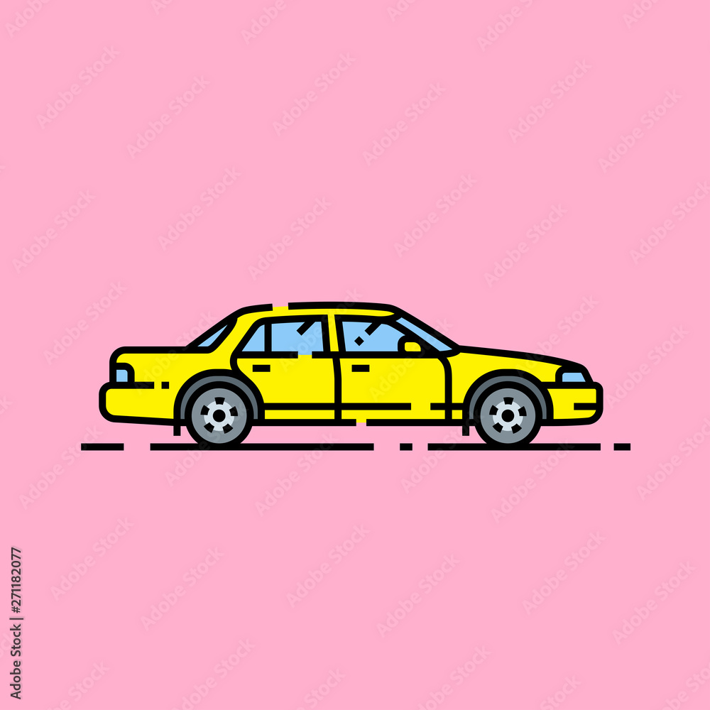 Obraz premium Yellow car line icon. Simple motor vehicle graphic. Taxi cab symbol isolated on pink background. Vector illustration.