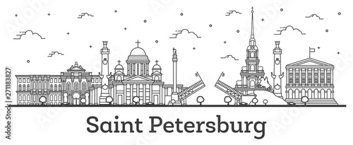 Outline Saint Petersburg Russia City Skyline with Historic Buildings Isolated on White.
