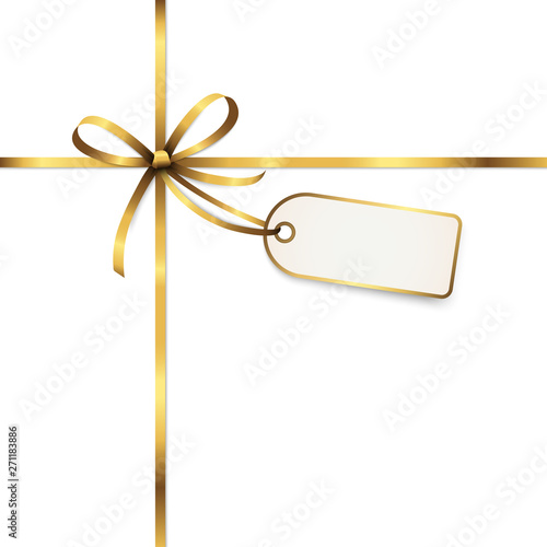 golden colored ribbon bow with hang tag