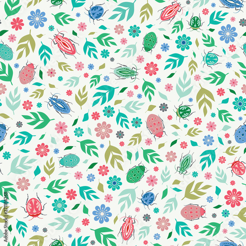 Seamless repeat pattern background of colourful beetles, leaves and flowers. A vector surface design of insects and flora ideal for a spring and summer design.