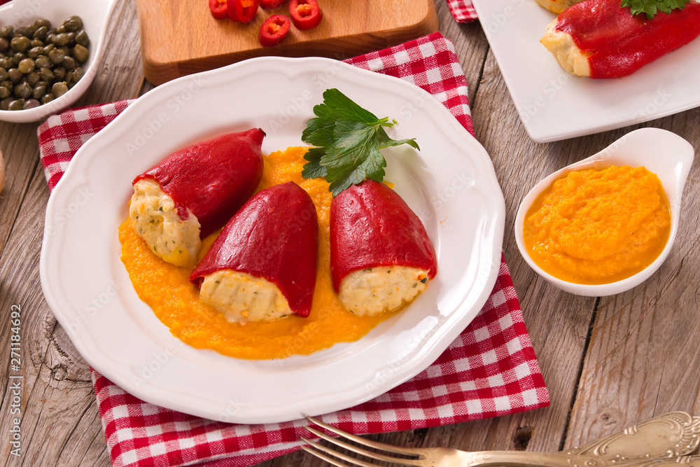 Stuffed piquillo peppers with cod. Stuffed piquillo peppers with cod.