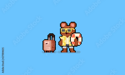 Pixel art cartoon summer brown bear character with luggage.8bit.