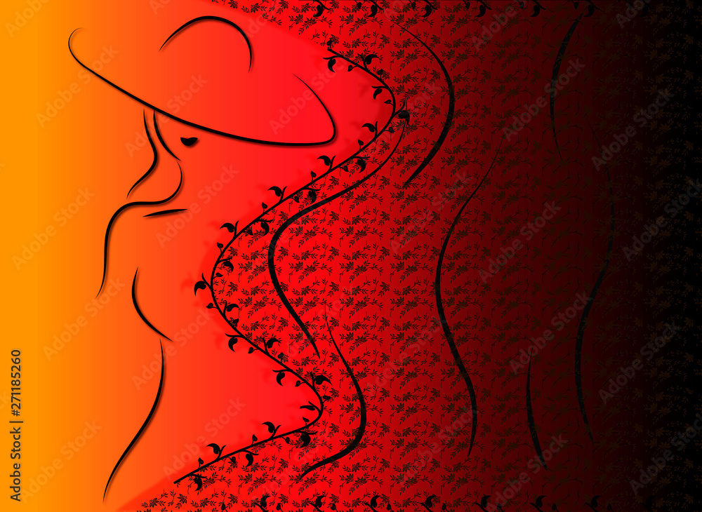 graphic silhouette of a girl in a hat on a red background with a floral print graphic silhouette of a girl in a hat on a red background with a floral print