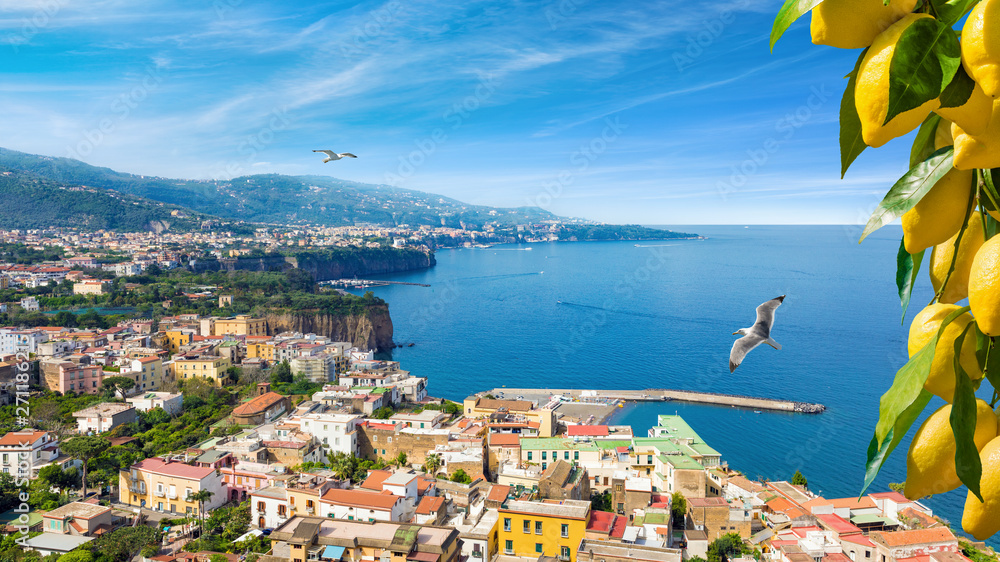 Panoramic aerial view of cliff coastline Sorrento and Gulf of Naples, Italy