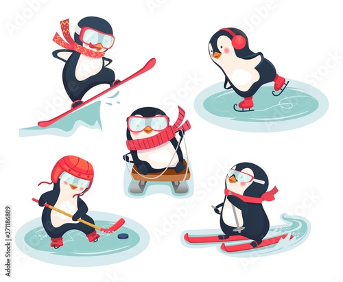 active penguins in winter concept