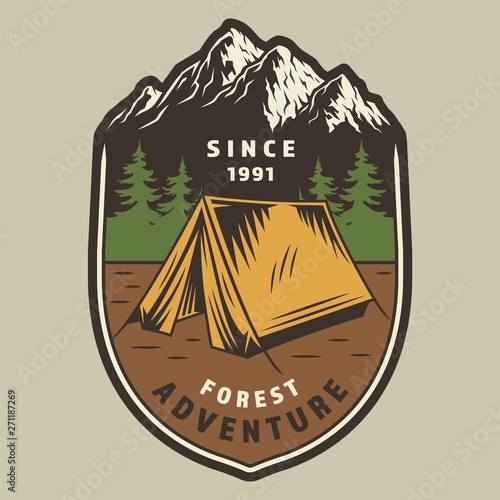 Colorful camping and outdoor recreation label