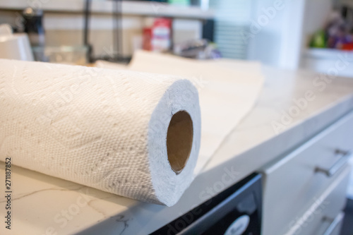An unraveled paper towel roll on the kitchen counter