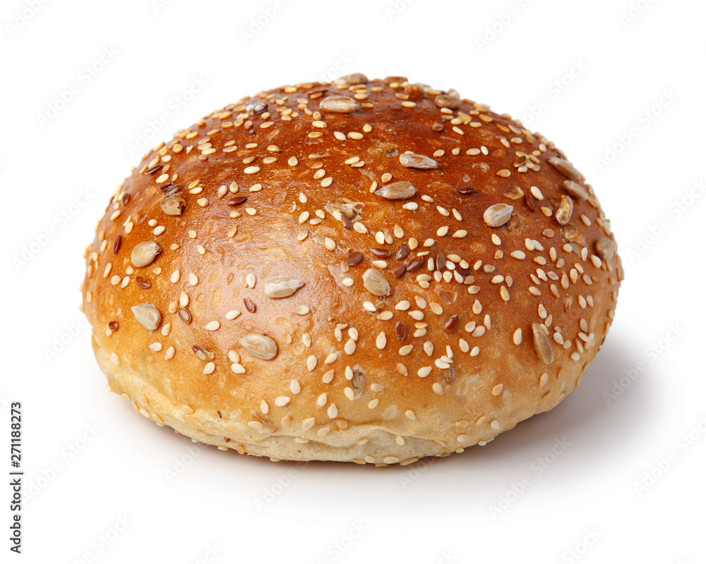 Hamburger bun with sesame and sunflower seeds. Fast food. Isolated on white background. Hamburger bun with sesame and sunflower seeds. Fast food. Isolated on white background.