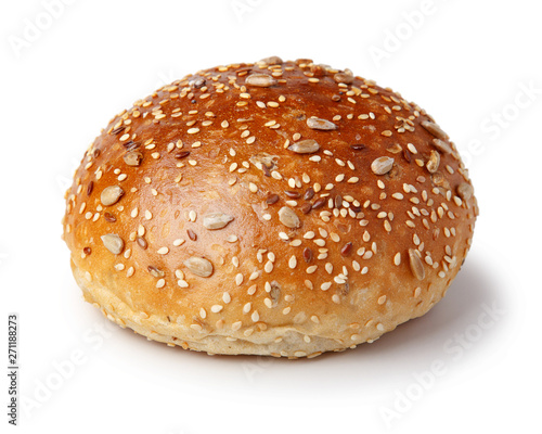 Hamburger bun with sesame and sunflower seeds. Fast food. Isolated on white background.