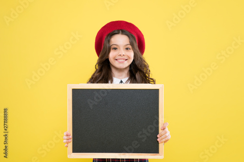 Child promo information board. Place for information. Girl hold blank blackboard. Advertising product copy space. Back to school concept. School information. Informing you. Expect the unexpected