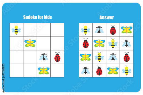 Sudoku game with insects for children, easy level, education game for kids, preschool worksheet activity, task for the development of logical thinking, vector illustration
