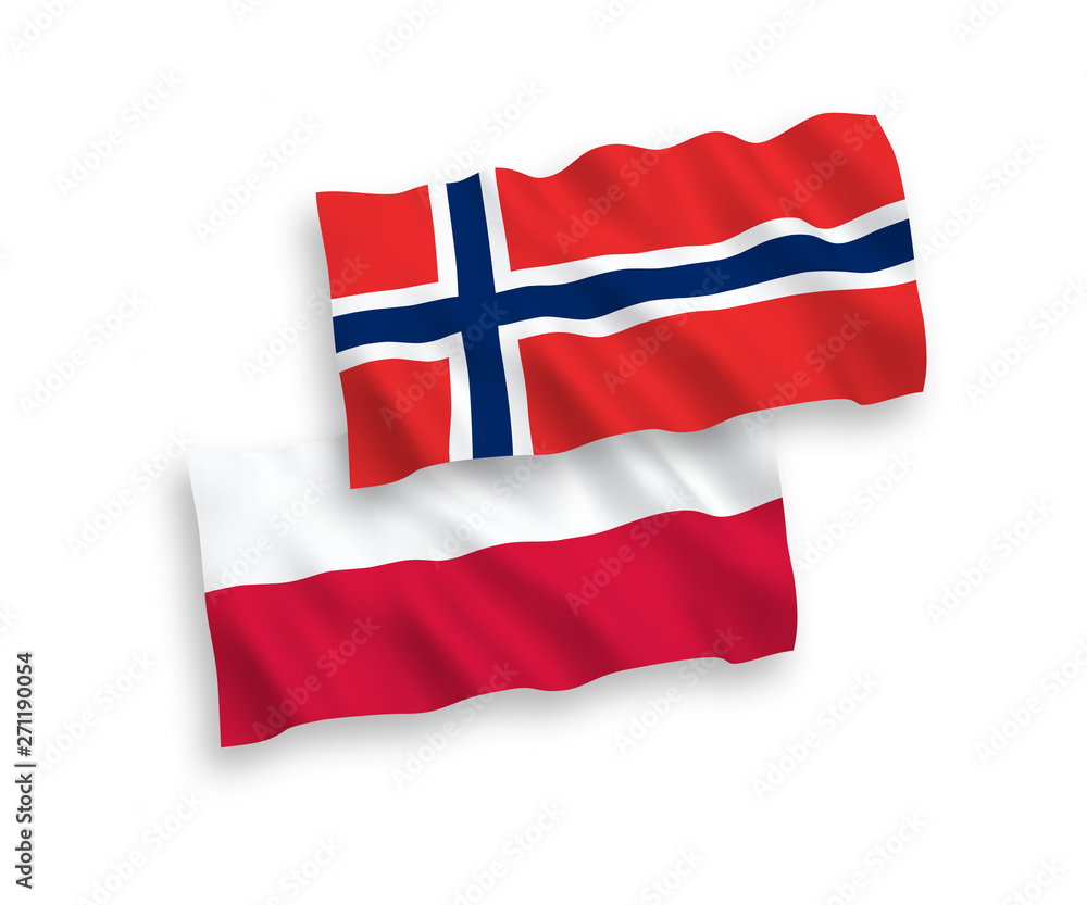 National vector fabric wave flags of Norway and Poland isolated on white background. 1 to 2 proportion. National vector fabric wave flags of Norway and Poland isolated on white background. 1 to 2 proportion.