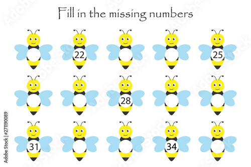 Game with bees for children, fill in the missing numbers, middle level, education game for kids, school worksheet activity, task for the development of logical thinking, vector illustration