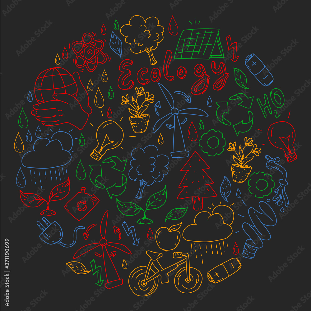 Vector logo, design and badge in trendy drawing style - zero waste concept, recycle and reuse, reduce - ecological lifestyle and sustainable developments icons, colorful on black background.