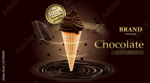 Delicious Chocolate ice cream, Chocolate with milk cream for summer on brown background ,vector illustration