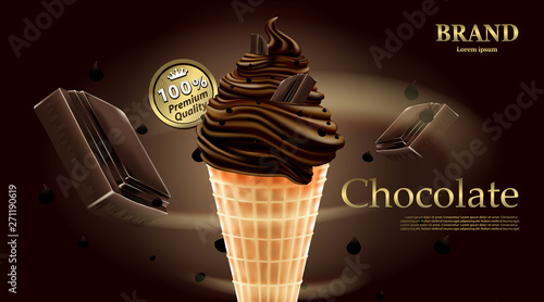 Delicious Chocolate ice cream, Chocolate with milk cream for summer on brown background ,vector illustration