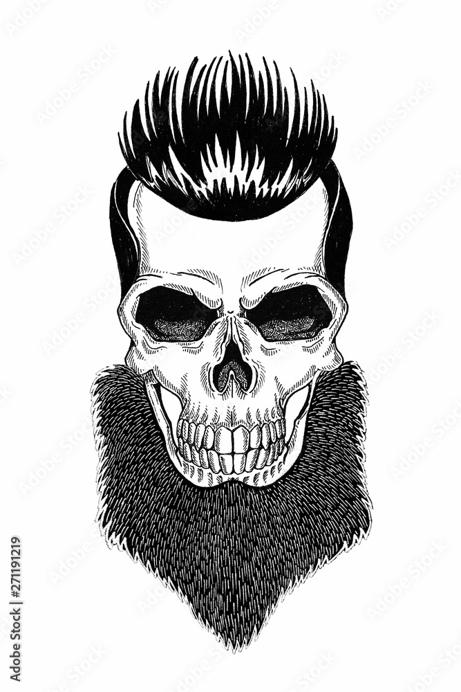 Fototapeta premium Monochrome illustration barbershop of skull with beard, mustache, hipster haircut and on white background, cartoon, angry, beautiful, brutal.