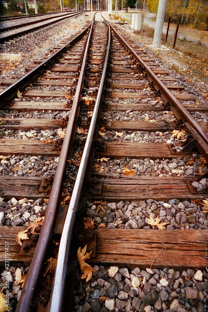 Close up railroad tracks on countryside landscape Close up railroad tracks on countryside landscape