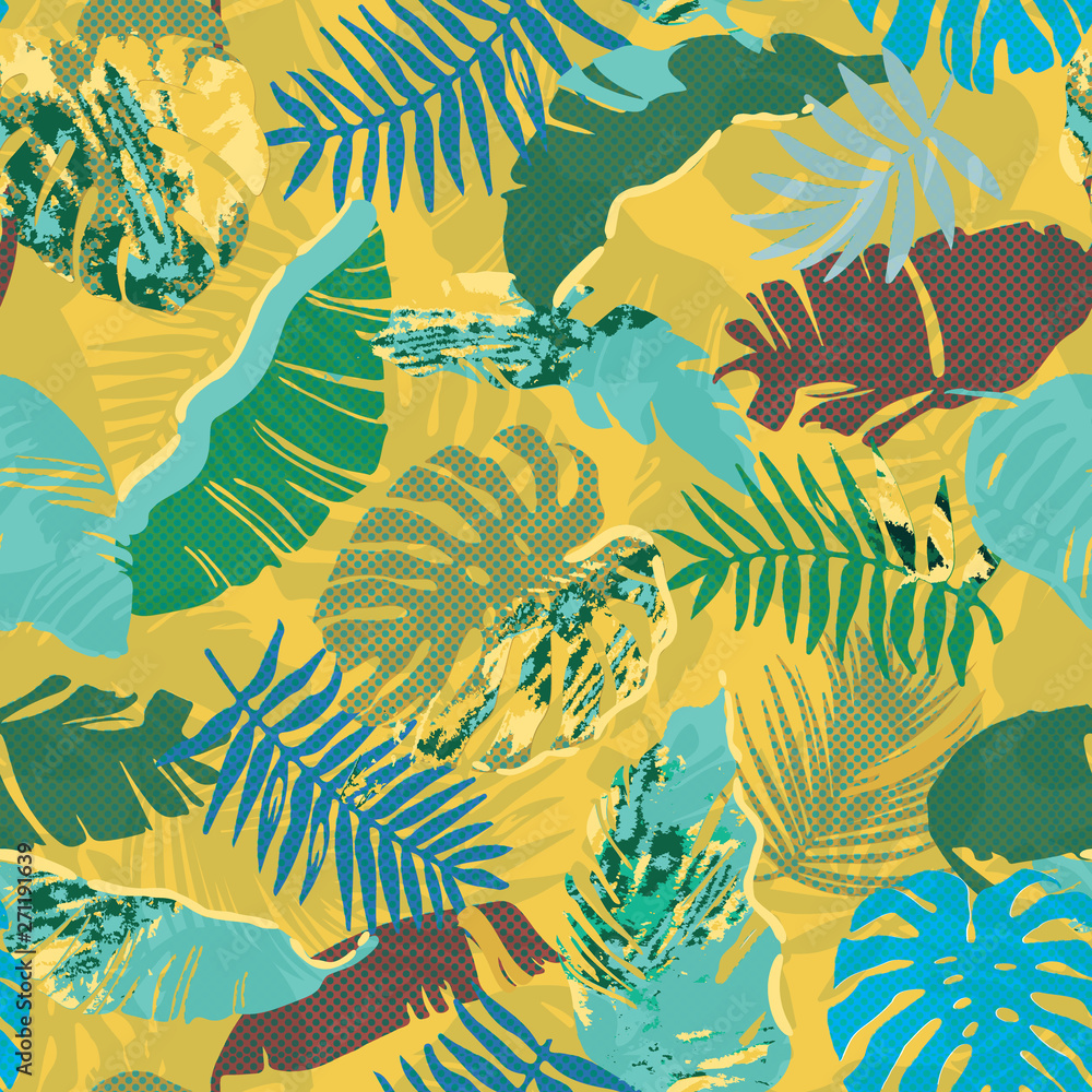Tropical leaves seamless pattern, palm, monstera, banana, jungle leaf floral summer background with texture, colorful illustration Tropical leaves seamless pattern, palm, monstera, banana, jungle leaf floral summer background with texture, colorful illustration