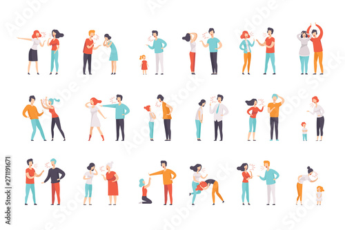 Flat vector set of quarreling people. Women and men loudly screaming at each other. Mothers scolding children. Negative emotions and conflicts © topvectors
