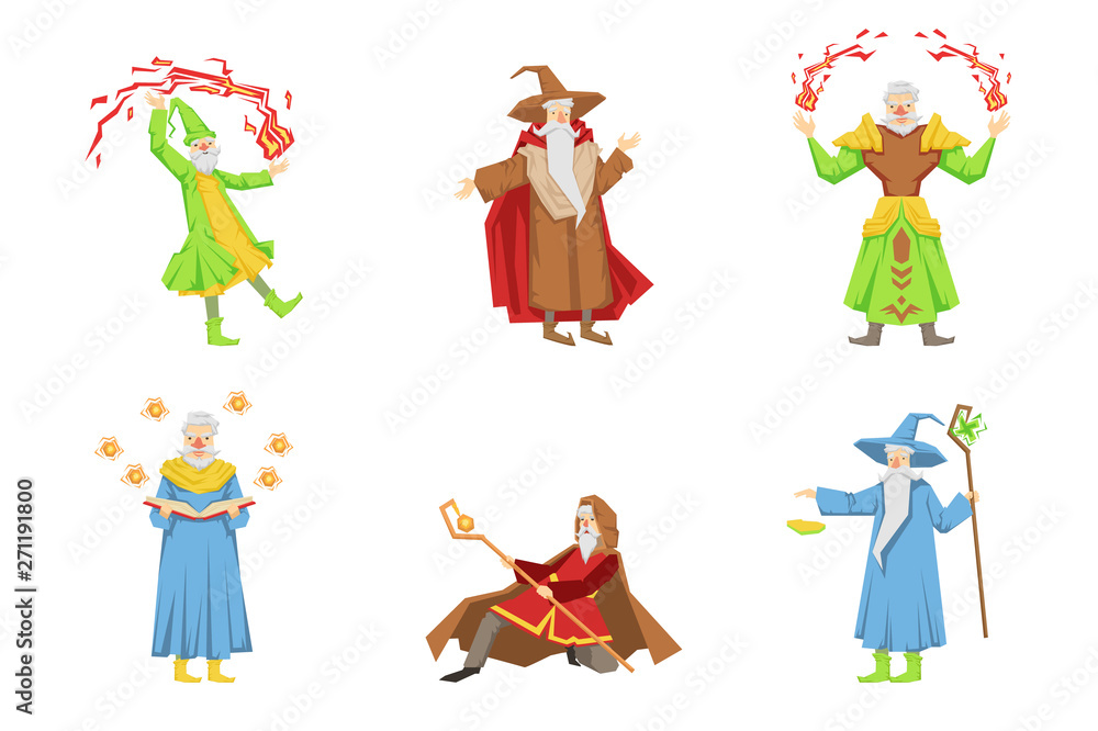 Flat vector set of magicians in different actions. Old gray-bearded wizards. Cartoon characters with magical powers