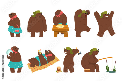 Humanized bear characters set, male and female brown bears wearing human clothes in different situations cartoon vector Illustration on a white background