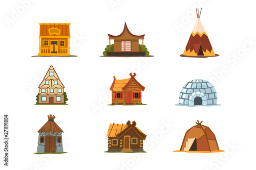 Traditional buildings of different countries set, houses from around the world vector Illustrations on a white background