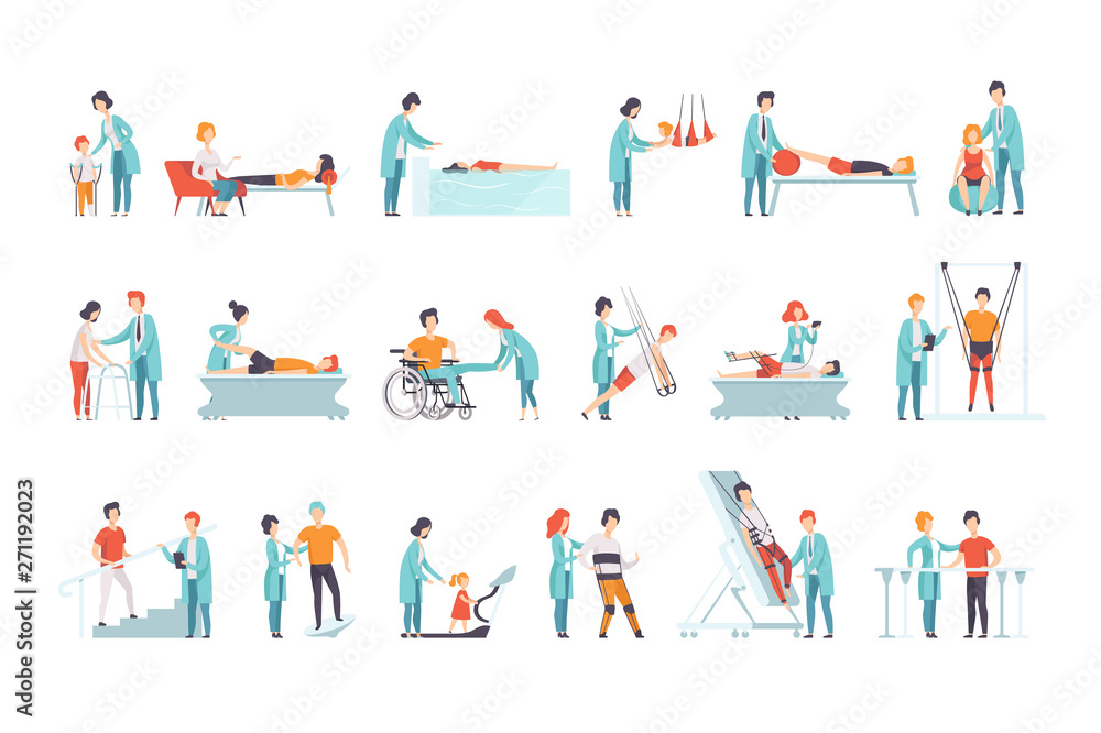 Flat vector set of people on rehabilitation. Physiotherapy clinic. Doctors working with patients. Healthcare and treatment