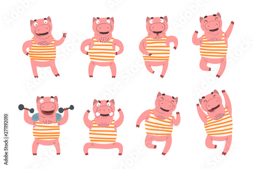 Flat vector set of pink humanized pig in different actions. Domestic animal with various emotions. Funny character in striped t-shirt