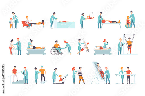 Flat vector set of people on rehabilitation. Physiotherapy clinic. Doctors working with patients. Healthcare and treatment