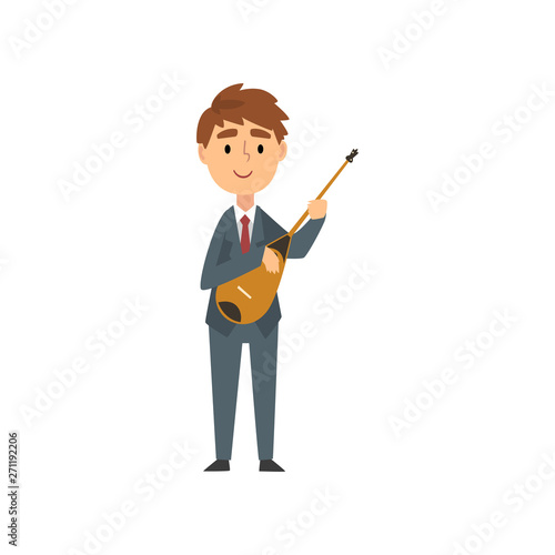 Boy Domra Player, Talented Young Musician Character Playing Acoustic Musical Instrument at Concert of Classical Music Vector Illustration