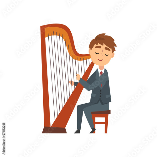 Boy Playing Harp, Talented Young Harpist Character Playing Acoustic String Musical Instrument, Concert of Classical Music Vector Illustration