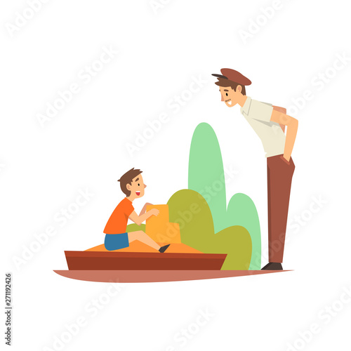 Boy Playing in Sandpit in Park or on Playground, Smiling Man in Cap Talk with Him Vector Illustration