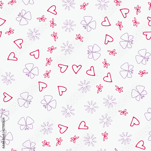 Seamless multicolored doodle background with flowers and butterflies. Vector illustration for packaging and printing on fabric