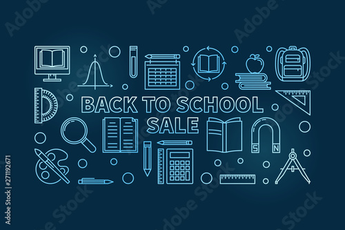 Vector Back to School Sale blue concept linear horizontal banner or illustration on dark background